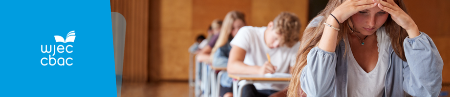 Learners in a hall sitting an exam, one learner with hand in head with a stressed experssion.