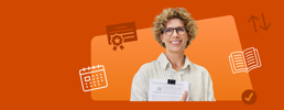 Dark orange with lighter orange geometric shapes background and a smiling teacher on the right with white teaching icons around her and white Eduqas logo on the left.