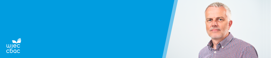 Headshot of Ian to the right of the WJEC CBAC logo