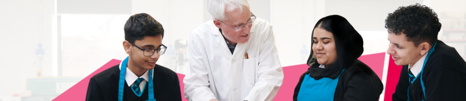 3 students and teacher in a lab coat smiling with pink geometric shapes behind.