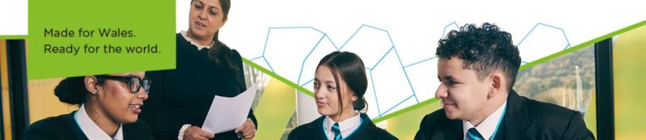 Teacher and 3 students discussing in class with geometric shape outlines in the background and text: Made for Wales.