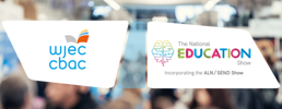 National Education Show and WJEC logos on top of a conference scene.